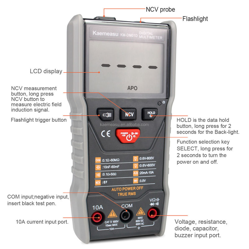 6000 গণনা ডিসি/এসি ক্যাপাসিট্যান্স প্রতিরোধ NCV T-RMS লাইভ ওয়্যার/নট ওয়্যার পরিমাপ ডিজিটাল মাল্টিমিটার